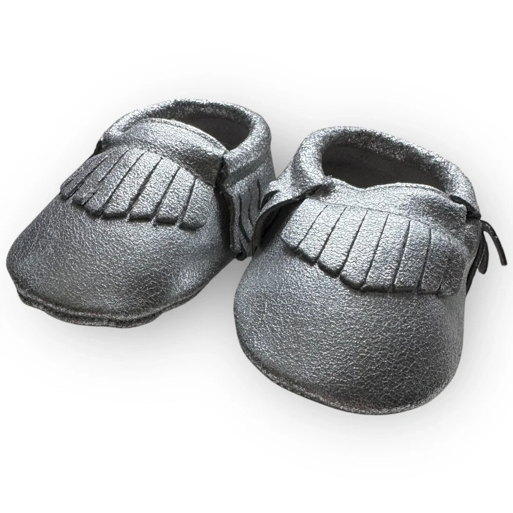 NWT Silver Genuine Leather Baby Moccasins - 6-12 Months